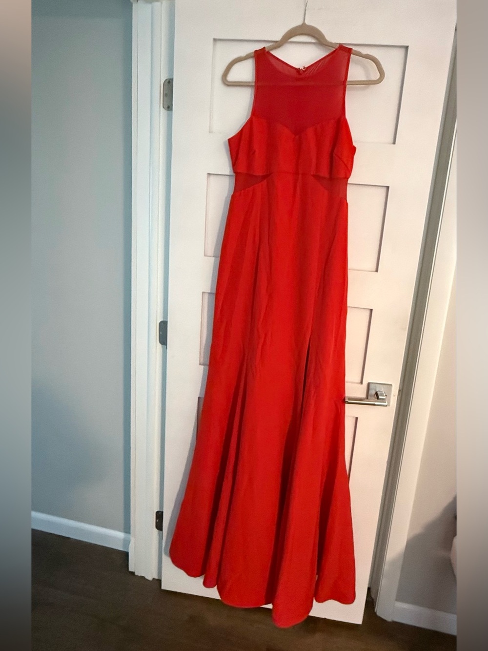 JAYGODFREY Red Sleeveless Mesh Yoke Prom Gown